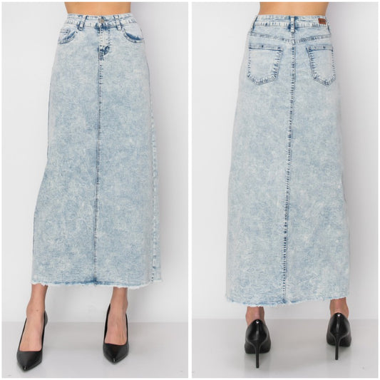 Light acid wash denim maxi skirt by Be-Girl from ModestAndDevoted, featuring a flowing silhouette and casual style.