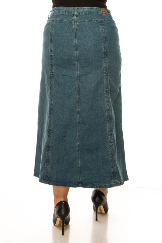 BeGirl Plus Stitch Style Denim Maxi Dress by ModestAndDevoted, full-length denim maxi with stitch details and modest design.
