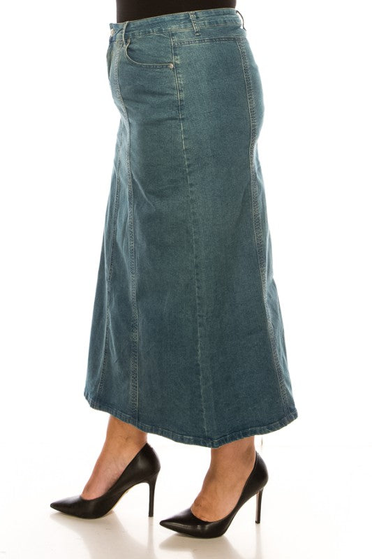 BeGirl Plus Stitch Style denim maxi dress by ModestAndDevoted, featuring a stitched design and flowing fabric.