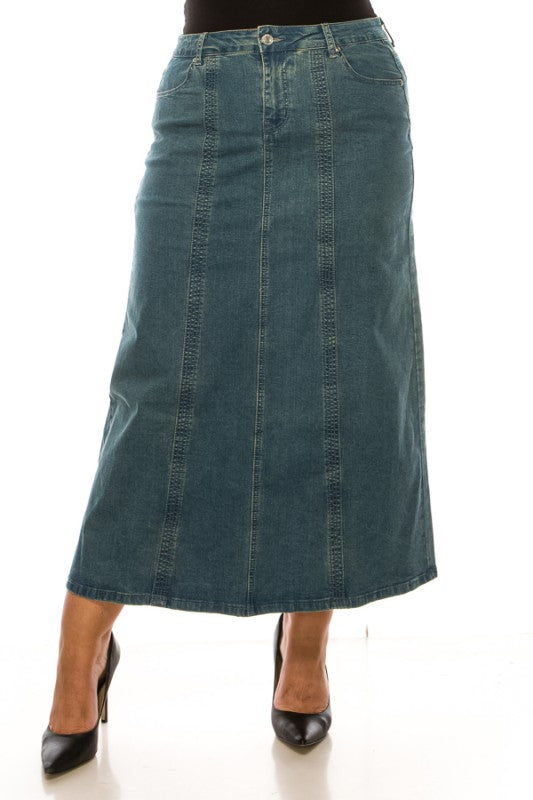 BeGirl Plus Stitch Style Denim Maxi dress by ModestAndDevoted, featuring a stitched denim fabric and full-length design.