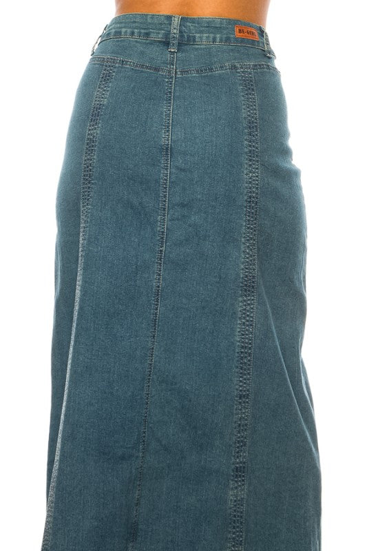 BeGirl Stitch Style Denim Maxi Dress by ModestAndDevoted, featuring a long denim design with stitch details and a modest silhouette.