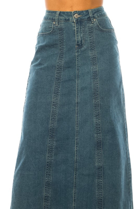 BeGirl Stitch Style denim maxi dress by ModestAndDevoted, featuring a stylish stitched design and flowing length.