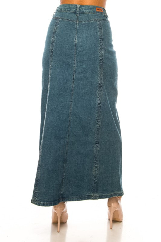 ModestAndDevoted BeGirl Stitch Style denim maxi dress with stitch details, flowing fabric, and a modest silhouette.