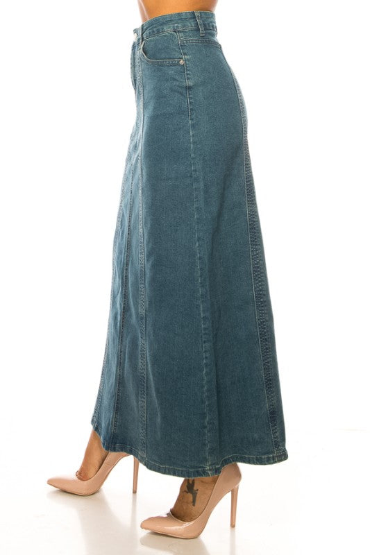 ModestAndDevoted BeGirl Stitch Style Denim Maxi dress featuring a stitched pattern and full-length design.