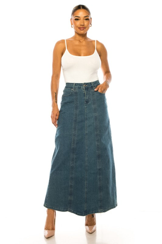 BeGirl Stitch Style Denim Maxi dress by ModestAndDevoted, featuring a full-length denim design with stitch details and modest style.