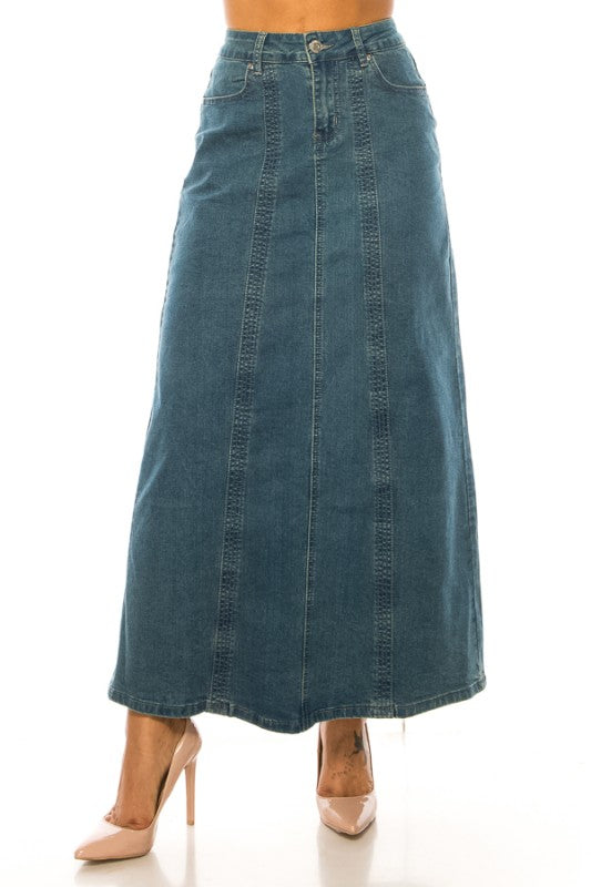 BeGirl Stitch Style Denim Maxi Dress by ModestAndDevoted, featuring a flowy denim fabric and stitched design details.