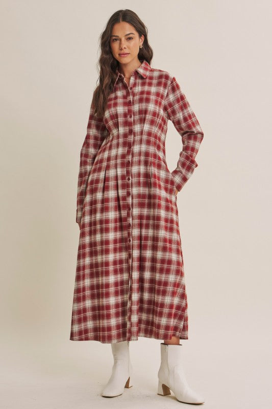 ModestAndDevoted Perfection Plaid Cotton Shirt Dress in brick color, featuring a classic button-up design and collar.