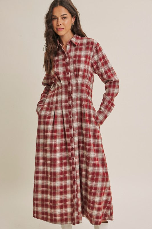 ModestAndDevoted Perfection Plaid Cotton Shirt Dress in brick color, featuring a classic button-down style and collared neckline.