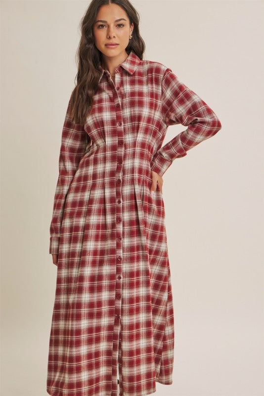 ModestAndDevoted Perfection Plaid Cotton Shirt Dress in brick color, featuring a classic collar and button-front design.