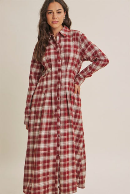 ModestAndDevoted Perfection Plaid Cotton Shirt Dress in brick color, featuring a classic collar and button-front design.