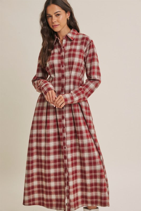ModestAndDevoted Perfection Plaid Cotton Shirt Dress in brick color, featuring a classic plaid pattern and button-front design.