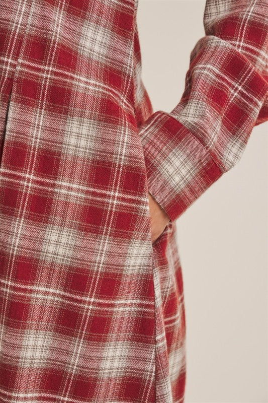 Brick-colored Perfection Plaid Cotton Shirt Dress by ModestAndDevoted, featuring a classic button-up design and relaxed fit.