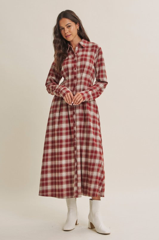 ModestAndDevoted Perfection Plaid Cotton Shirt Dress in brick color, featuring a button-up front and classic plaid pattern.