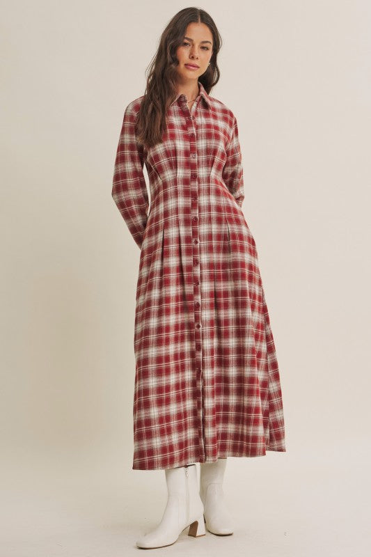 ModestAndDevoted Perfection Plaid Cotton Shirt Dress in brick color, featuring a classic collar and button-down front.