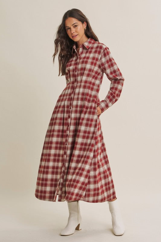 Brick-colored cotton shirt dress with a plaid pattern from ModestAndDevoted's Perfection Plaid collection.