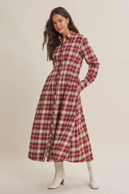Brick-colored cotton shirt dress with a plaid pattern from ModestAndDevoted's Perfection Plaid collection.