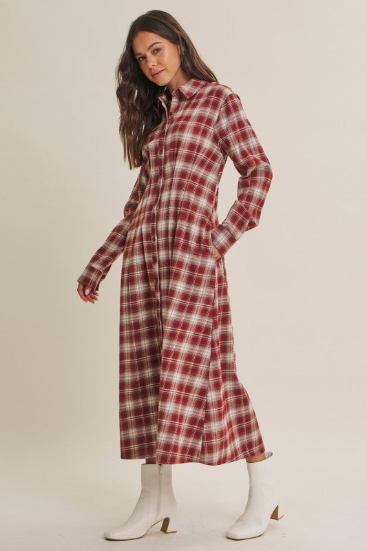 Brick-colored Perfection Plaid Cotton Shirt Dress by ModestAndDevoted, featuring a classic plaid pattern and button-front design.