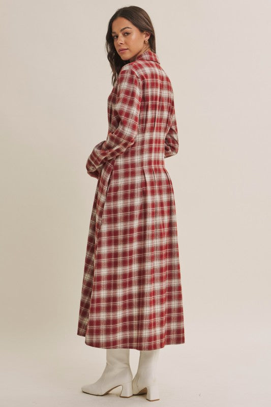 ModestAndDevoted Perfection Plaid Cotton Shirt Dress in brick color, featuring a classic collar, button front, and long sleeves.