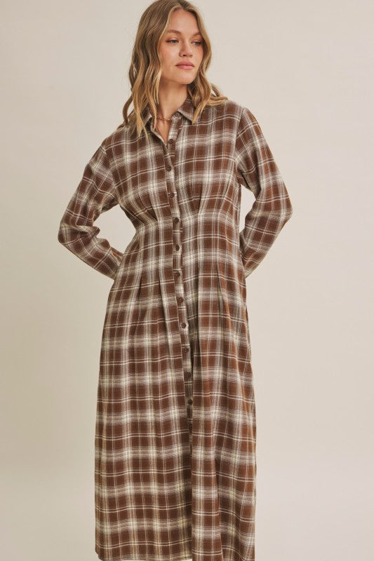 Mocha plaid cotton shirt dress by ModestAndDevoted featuring a classic collar, button front, and relaxed fit.