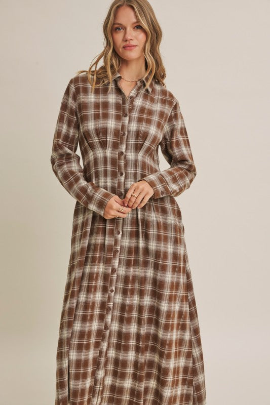 Mocha plaid cotton shirt dress by ModestAndDevoted, featuring a relaxed fit, collar, button front, and long sleeves.