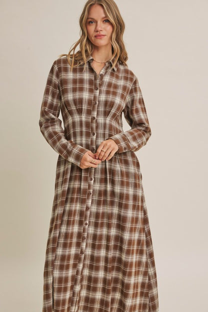 Mocha plaid cotton shirt dress by ModestAndDevoted, featuring a relaxed fit, collar, button front, and long sleeves.