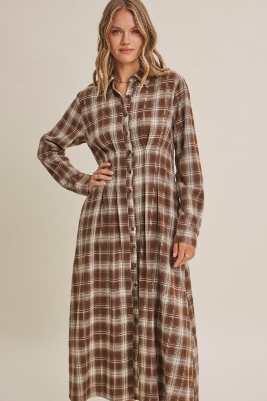 Mocha plaid cotton shirt dress by ModestAndDevoted, featuring a classic button-down design and a relaxed fit.