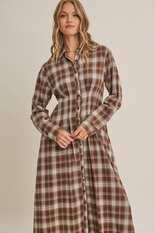 Mocha plaid cotton shirt dress from ModestAndDevoted featuring a relaxed fit and button-down front.