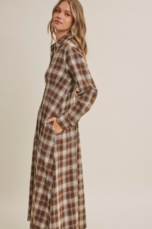 Mocha plaid cotton shirt dress by ModestAndDevoted, featuring a classic button-up style and collar, perfect for casual wear.
