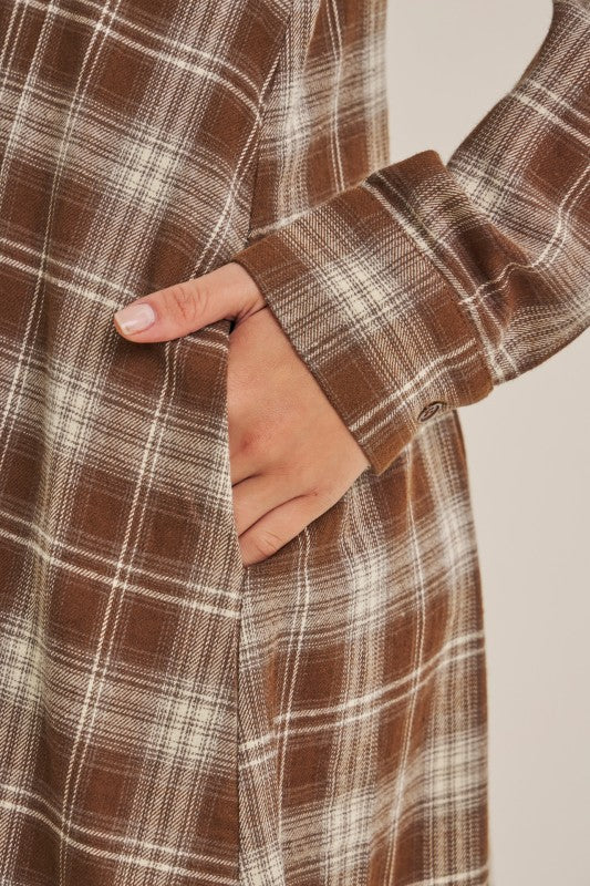 Mocha plaid cotton shirt dress by ModestAndDevoted, featuring a classic button-up style with a collar and long sleeves.