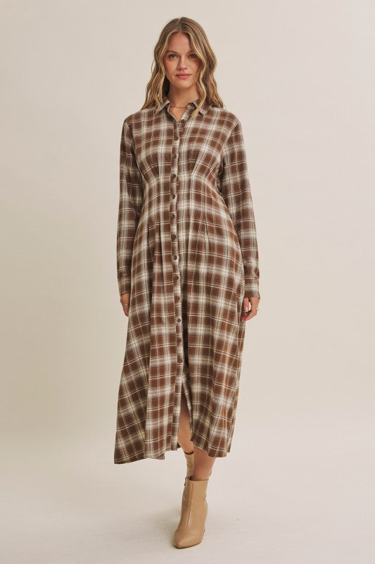 Mocha plaid cotton shirt dress by ModestAndDevoted featuring a classic collar, button front, and long sleeves for a casual look.