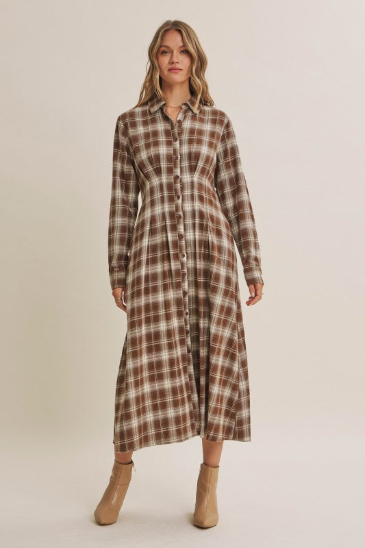 Mocha plaid cotton shirt dress by ModestAndDevoted featuring a collared neckline and long sleeves, styled for casual wear.