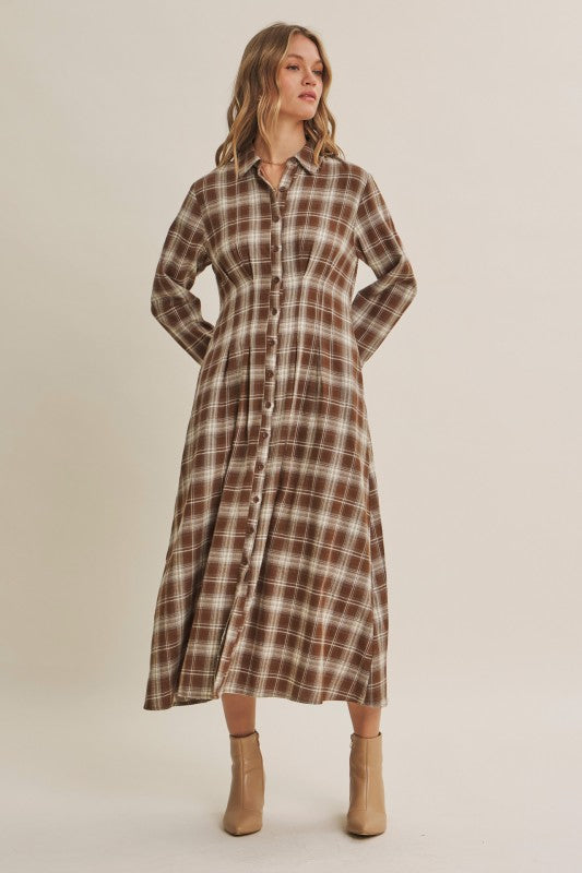 Mocha plaid cotton shirt dress from ModestAndDevoted, featuring a classic button-front design and collar detail.