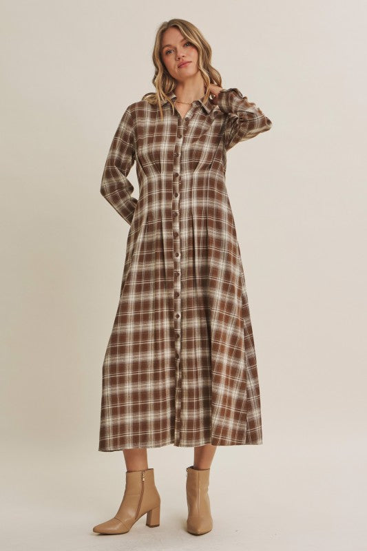 Mocha plaid cotton shirt dress by ModestAndDevoted, featuring a classic button-up style and collar, casual and comfortable fit.