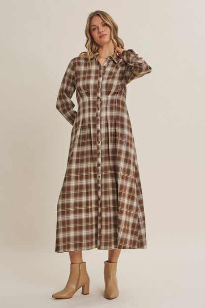 Mocha plaid cotton shirt dress by ModestAndDevoted, featuring a classic button-up style and collar, casual and comfortable fit.
