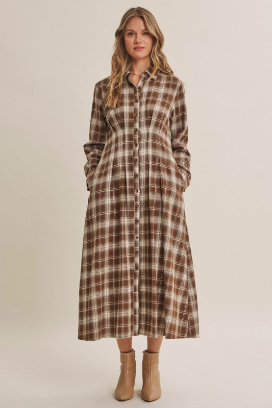 Mocha plaid cotton shirt dress by ModestAndDevoted featuring a button-down front and classic collar.