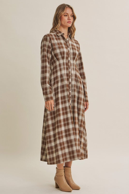 Mocha plaid cotton shirt dress from ModestAndDevoted featuring a classic collar, button front, and long sleeves.