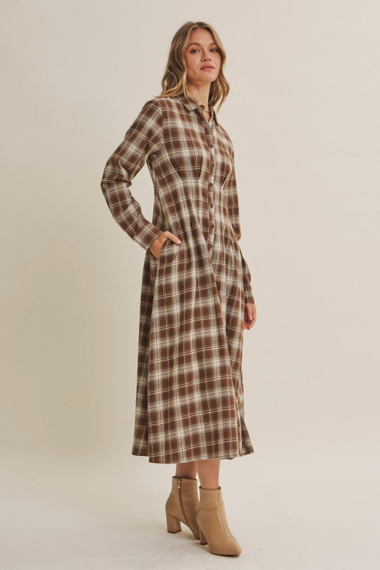 Mocha plaid cotton shirt dress by ModestAndDevoted featuring a classic button-up design and a relaxed fit.