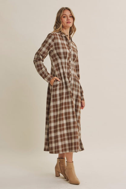 Mocha plaid cotton shirt dress by ModestAndDevoted featuring a classic button-up design and a relaxed fit.