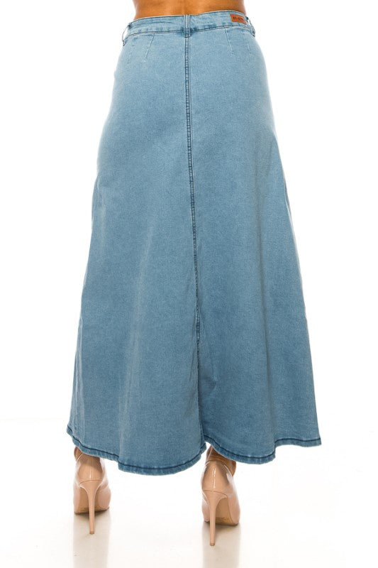 Light wash denim maxi skirt with button front from the Be-Girl collection by ModestAndDevoted, styled with a relaxed fit.