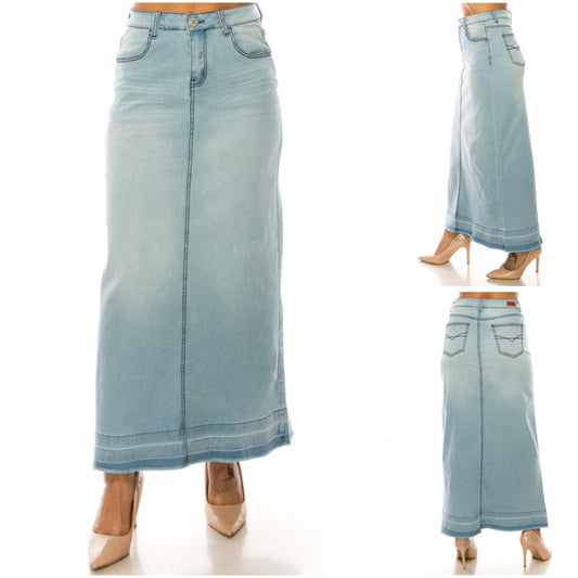 Light wash denim Be-Girl plus size maxi skirt with raw hem from ModestAndDevoted, featuring a flowy silhouette and casual style.