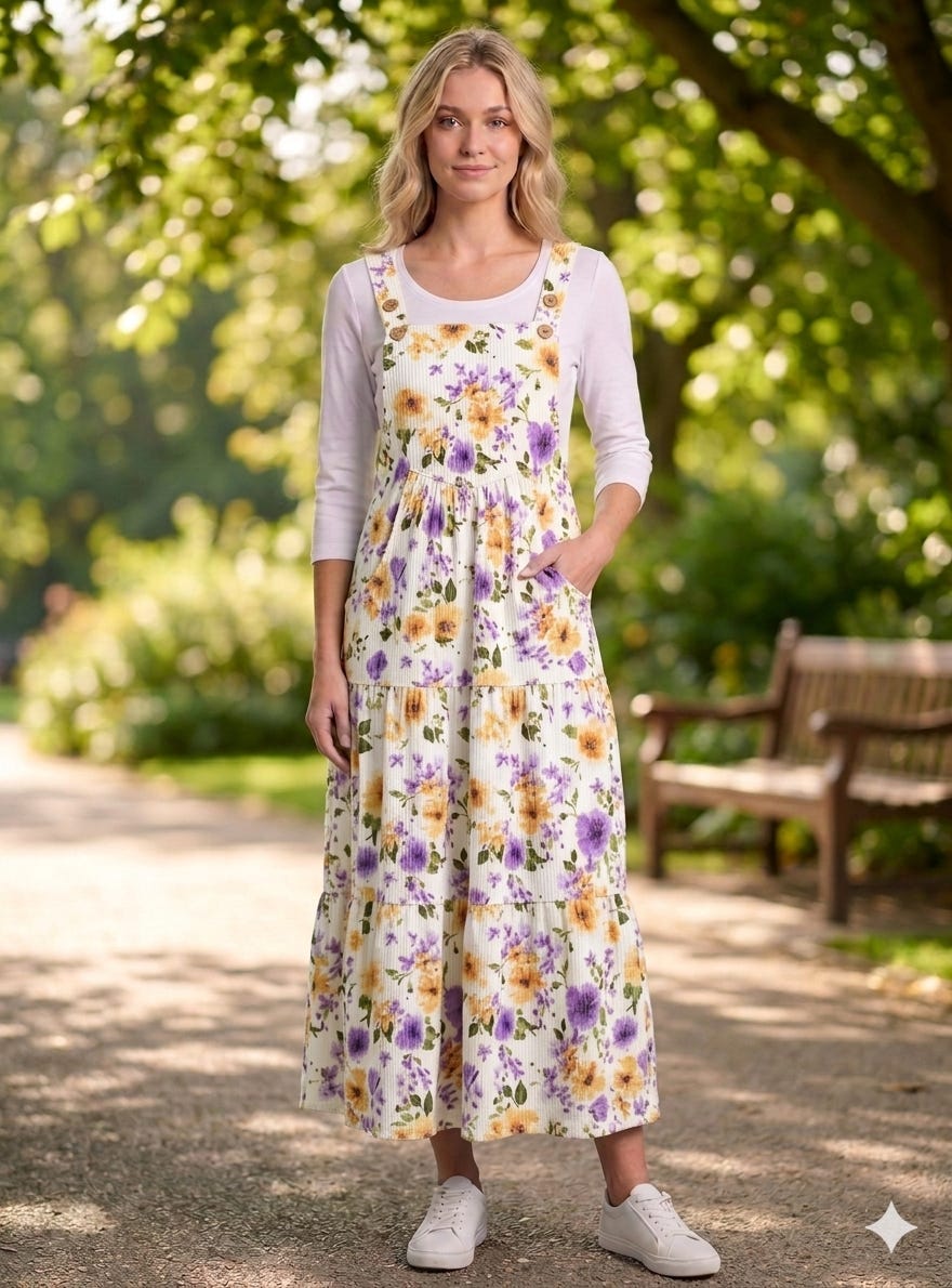Women's plus floral print overall maxi dress by ModestAndDevoted, featuring a flowing design and vibrant floral pattern.