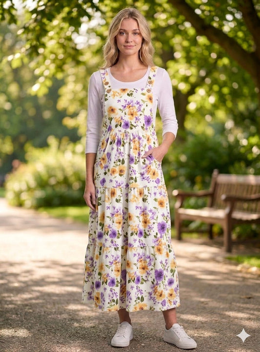 Women's plus floral print overall maxi dress by ModestAndDevoted, featuring a flowing design and vibrant floral pattern.