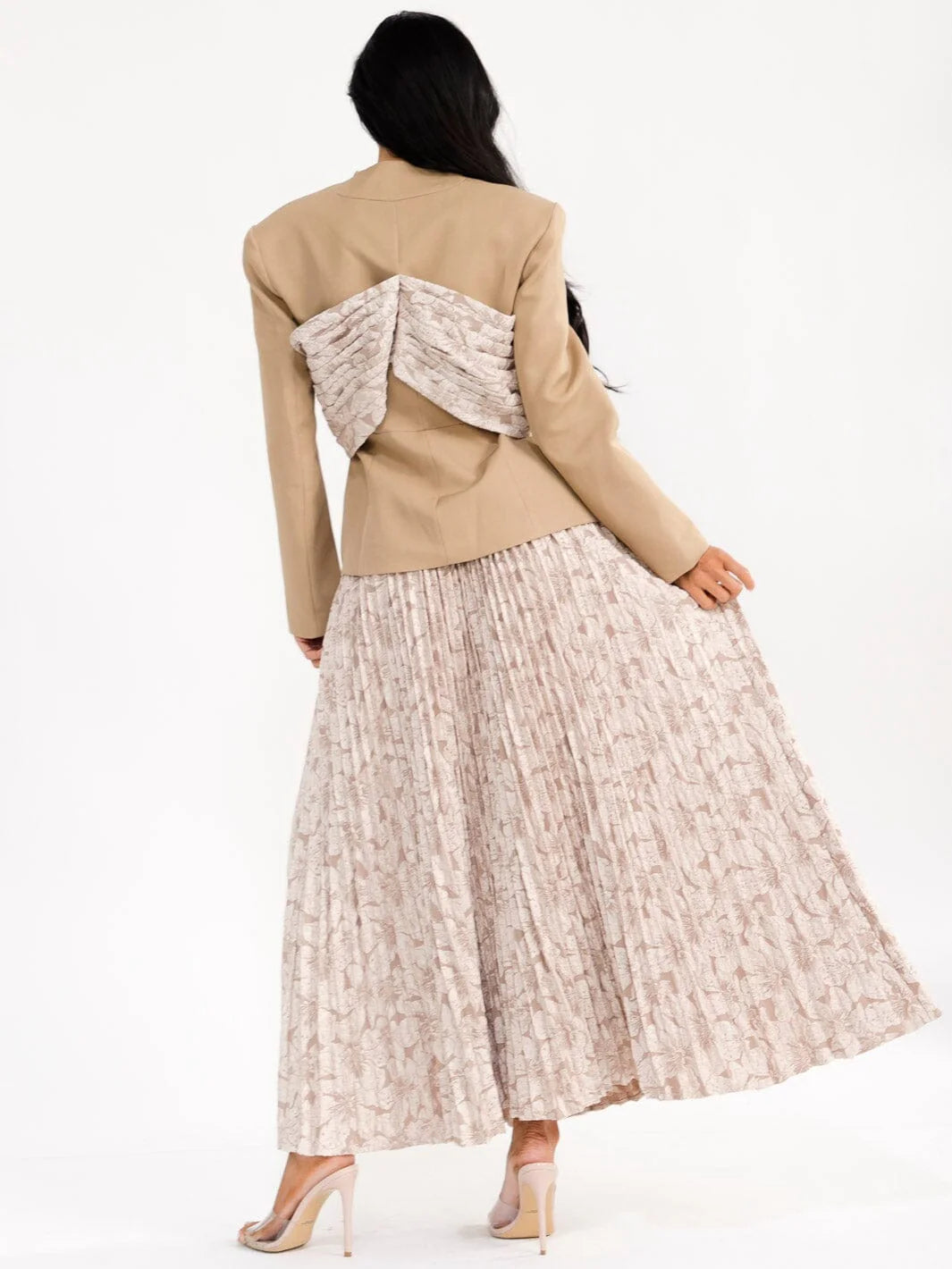 Women's long sleeve blazer and elastic waist maxi skirt set by ModestAndDevoted, featuring floral pleated design in a coordinated 2-piece style.