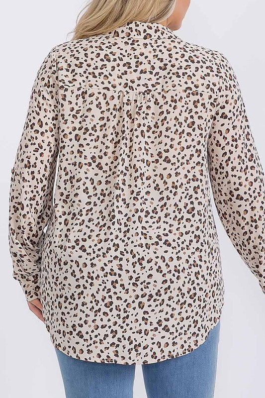 Plus size animal print button-down hi-low shirt top from ModestAndDevoted, featuring a stylish and flowy blouse design.