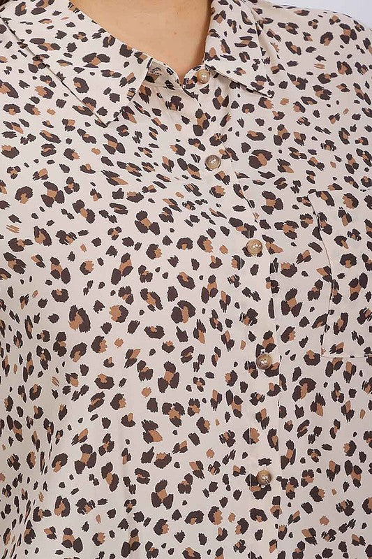 Plus-size animal print button-down shirt top with hi-low hem from ModestAndDevoted, featuring a stylish shirt and blouse design.