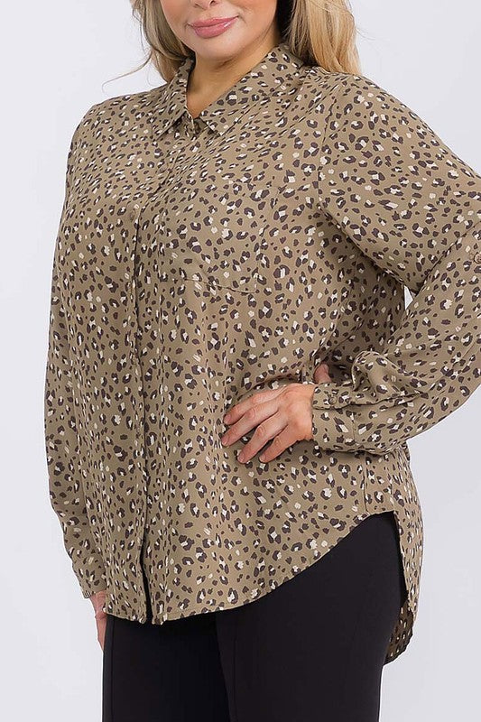 Plus size animal print button-down shirt top with hi-low hem from ModestAndDevoted, featuring a stylish blouse design.