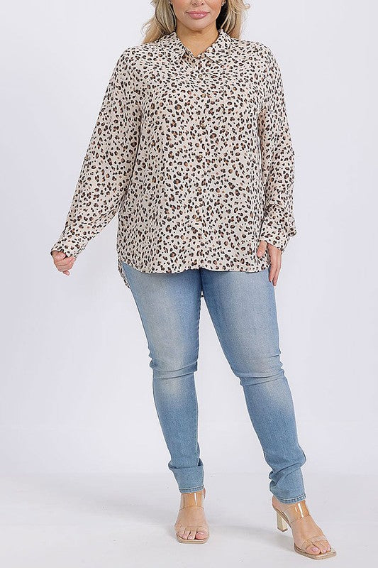 Plus size animal print button-down shirt top with hi-low hem from ModestAndDevoted, featuring a stylish and comfortable blouse design.