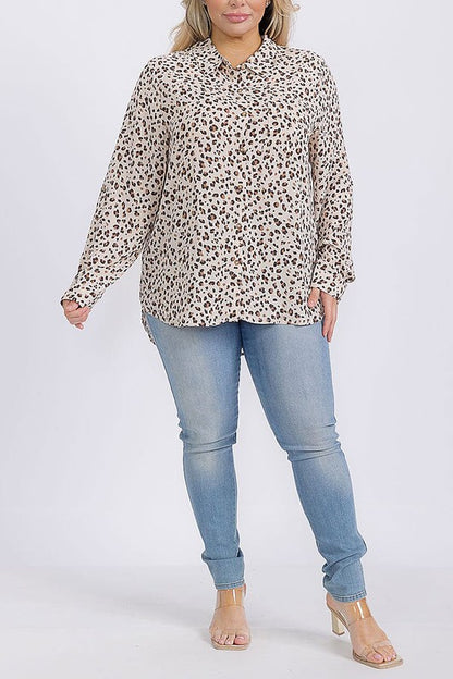 Plus size animal print button-down shirt top with hi-low hem from ModestAndDevoted, featuring a stylish and comfortable blouse design.
