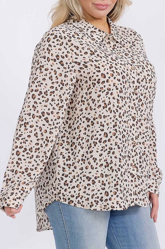 Plus size animal print button-down shirt top with a hi-low hem from ModestAndDevoted, featuring a stylish blouse design.