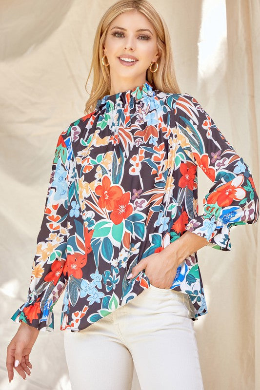 ModestAndDevoted floral ruffle neck blouse, women's shirt with feminine ruffle detail and floral pattern, casual and stylish.